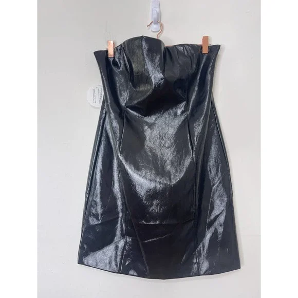 Staud Tracing Strapless Mini Dress Size 14 Bodycon Black Faux Leather Lined